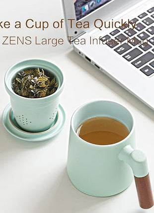 ZENS Tea Cup with Infuser and Lid for Loose Leaf Steeping, 16.9oz Embossed Ceramic Tea Infuser Mug, Wood Handle Tea Diffuser, Great Gift