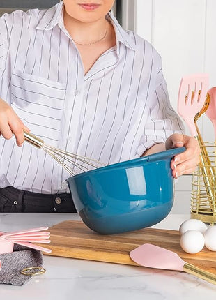 Pink and Gold Kitchen Utensils Set - 17-Piece Kitchen Tools Include Silicone Cooking Utensils, Spatula Holder, Measuring Cups and Spoons for Baking, Cooking - Stylish Pink Kitchen Accessories