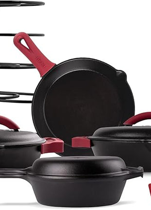 Cuisinel Cast Iron 16-Piece Pre-Seasoned Cookware Set - 8" + 12" Braiser Pans + Cast Iron Lids + 10" Skillet + 2-in-1 Multi-Cooker + 12" Organizer + Scraper + Silicone Handle Covers - Fire or Oven Use