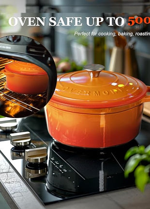 Overmont Enameled Cast Iron Dutch Oven - 7QT Pot with Lid Cookbook & Cotton Potholders - Heavy-Duty Cookware for Braising, Stews, Roasting, Bread Baking orange