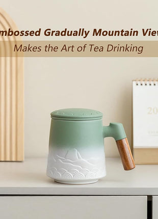 ZENS Tea Mug with Infuser and Lid for Loose Leaf Steeper, 16.9 oz Embossed Ceramic Tea Cup with Fine Tea Strainers, Wood Handle Large Tea Diffusers Mugs for Tea Lovers Gifts