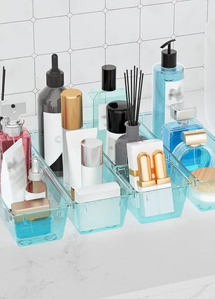WOWBOX 12 Pack Clear Drawer Organizer Set, Acrylic Drawer Storage Trays, Storage Bins for Makeup, Cosmetics, Jewelries, Utensils, Gadgets, Office, Sea Blue