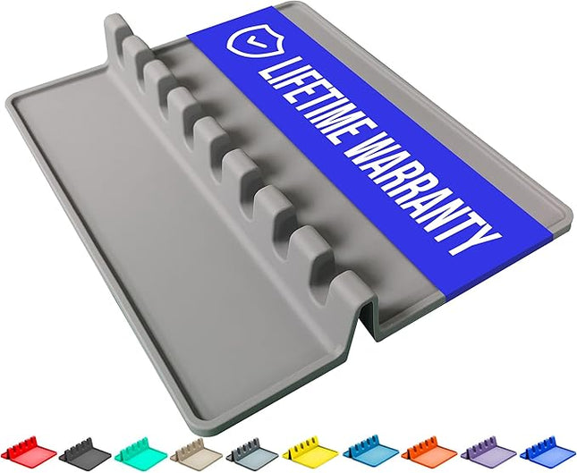 Gray Silicone Spoon Rest for Stove Top with Drip Pad (1 Pack) - Extra Large Heat-Resistant, BPA-Free Utensil Rest for Kitchen Counter - Utensil Holder for Spatulas, Tongs, Ladles and Kitchen Gadgets