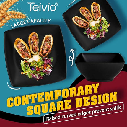 Teivio 32-piece Plastic Wheat Straw Square Dinnerware Set for 8, Unbreakable Dinner Plates, Salad Plates, Snack Bowls, Tumblers, Dishwasher Safe, Black