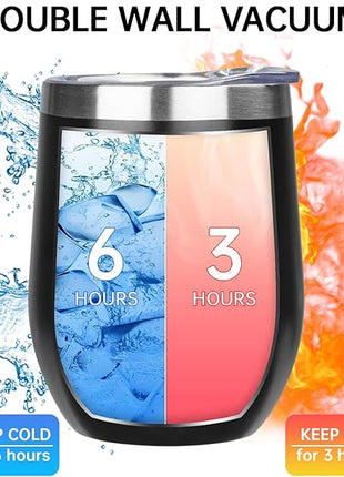 MEZMUT 12 Oz Insulated Wine Tumbler with Lid Double Wall Vacuum Stainless Steel Wine Glass Coffee Mug Insulated Tumbler Cup for Champaign, Cocktail, Beer (Black, 1 Pack)