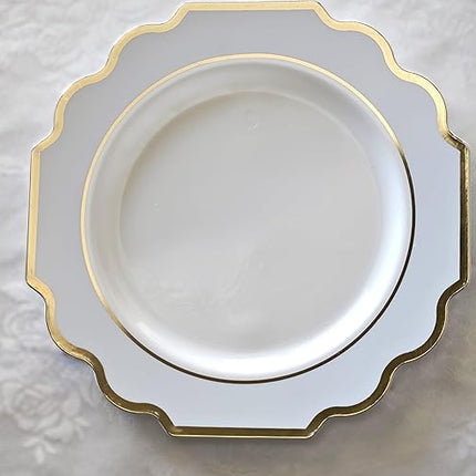 " OCCASIONS " 120 Plates Pack,(60 Guests) Heavyweight Wedding Party Disposable Plastic Plates Set -60 x 10.5'' Dinner + 60 x 8'' Salad/Dessert Plate (Imperial in White/Blue & Gold)