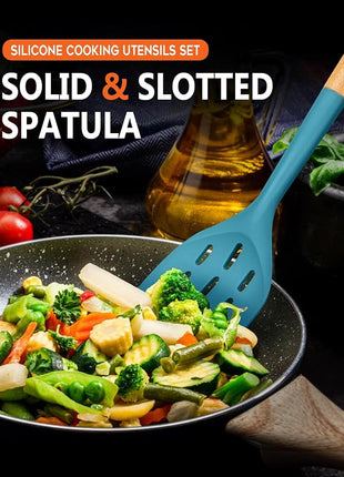 Pack of 2 Silicone Spatula, Non Stick Cooking Utensil Set Wooden Handle Kitchen Turner for Baking Mixing Grilling Serving Food Heat Resistant Non Scratch Hooks Included (Blue)