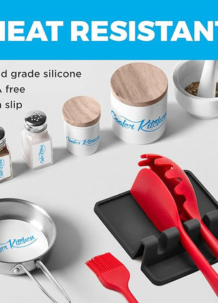 Black Silicone Spoon Rest for Stove Top with Drip Pad (Two Pack) - Heat-Resistant, BPA-Free Utensil Rest & Spoon Holder for Kitchen Counter - Grill Utensil Holder for Spatulas, Tongs, Ladles