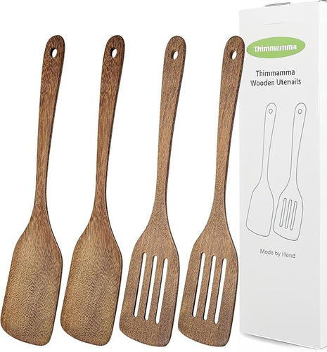4 Pack Wooden Spatula for Cooking, Non-stick Turner Acacia Wood Spatula for Kitchen Use, Handmade Non-Toxic Cooking Spatula Set for Kitchen Gifts, Ideal Cookware Utensils for Cooking Eggs, Fish