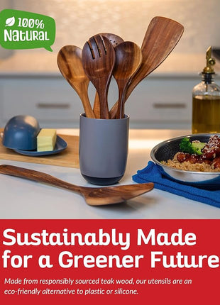 Boxiki Kitchen Luxury Teak Wood Utensil Set - Elegant 6-Piece Cooking Ensemble Including Spoons, Server, Scraper & Spatula - Expertly Crafted for Culinary Excellence