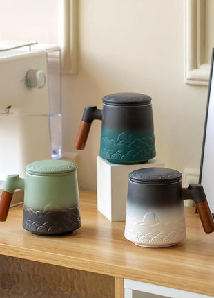 ZENS Tea Mug with Infuser and Lid for Loose Leaf Tea Steeper, 16.9 oz Embossed Ceramic Tea Cup with Fine Strainersand Wood Handle, Diffusers Accessories for Tea Lovers Gifts