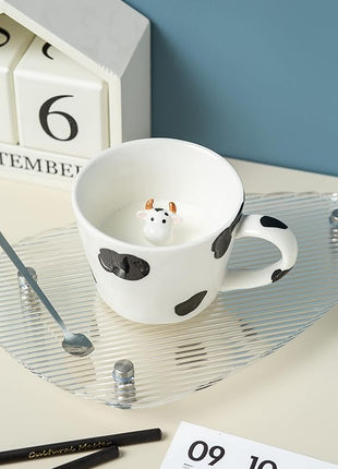 DIHOclub Cow Ceramic Cup Hidden 3D Animal Inside Mug,Cute Cartoon Handmade Figurine Mugs,Holiday and Birthday Gift for Coffee Milk Tea Lovers,12 OZ(White,Black)
