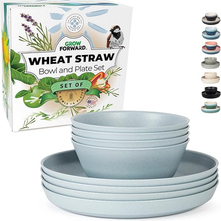Grow Forward Premium Wheat Straw Plates and Bowls Sets - 8-Piece Wheat Straw Dinnerware Sets - Unbreakable & Reusable Microwave Safe Plastic Dinner Plates for Outdoors, RV, Camping Dishes - Glacier