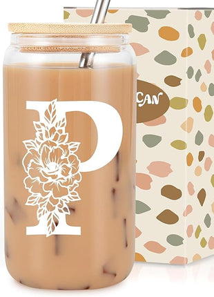 Coolife Initial Glass Cup, Monogrammed Gifts for Women, 16 oz Glass Cups w/Lids Straws, Iced Coffee Smoothie Beer Tumbler w/Straw Lid - Personalized Christmas, Birthday Gifts for Her Mom Friend Woman