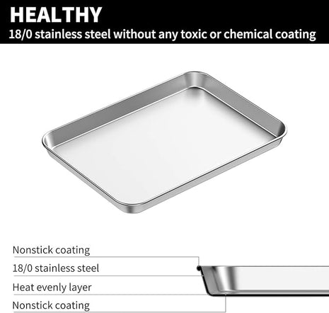 Baking Sheets 2 Pieces, Bastwe Stainless Steel Baking Pan Tray Cookie Sheet, Rectangle Size 9 X 7 X 1 inch, Healthy & Non Toxic, Rust Free & Mirror Finish, Easy Clean & Dishwasher Safe