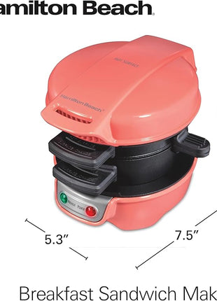 Hamilton Beach Breakfast Sandwich Maker with Egg Cooker Ring, Customize Ingredients, Perfect for English Muffins, Croissants, Mini Waffles, Perfect White Elephant Gifts, Coral (25483)