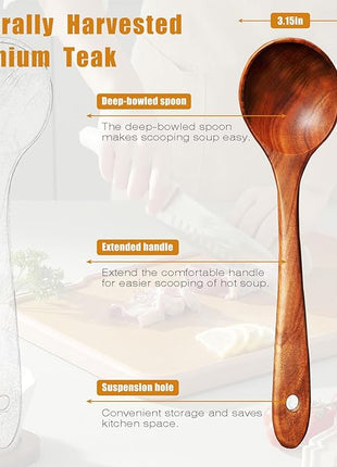 Wooden Spoons for Cooking, 1 Pcs Natural Teak Wooden Cooking Spoons for Non-Stick