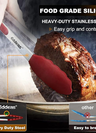 Tongs For Cooking - 7",9" and 12 inch Kitchen Tong with Silicone Tip,Heat Resistant 600 Degrees Metal Locking Tongs - for cooking,Salad and Barbecue,Red Set of 3