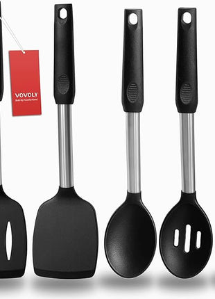 Silicone Spatula and Cooking Spoon,5 Pack Non-Stick Cooking Utensils for Kitchen，Heat Resistant Solid & Slotted Spoons and Spatulas, Stainless Steel Handle Coated with Silicone,Black