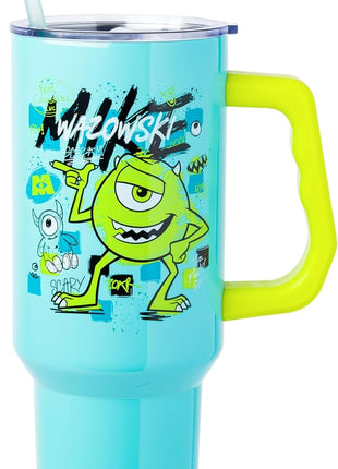Silver Buffalo Disney Pixar Monsters Inc. Stainless Steel Tumbler with Handle Featuring Mike Wazowski, Fits in Standard Cup Holder, 40 Ounces