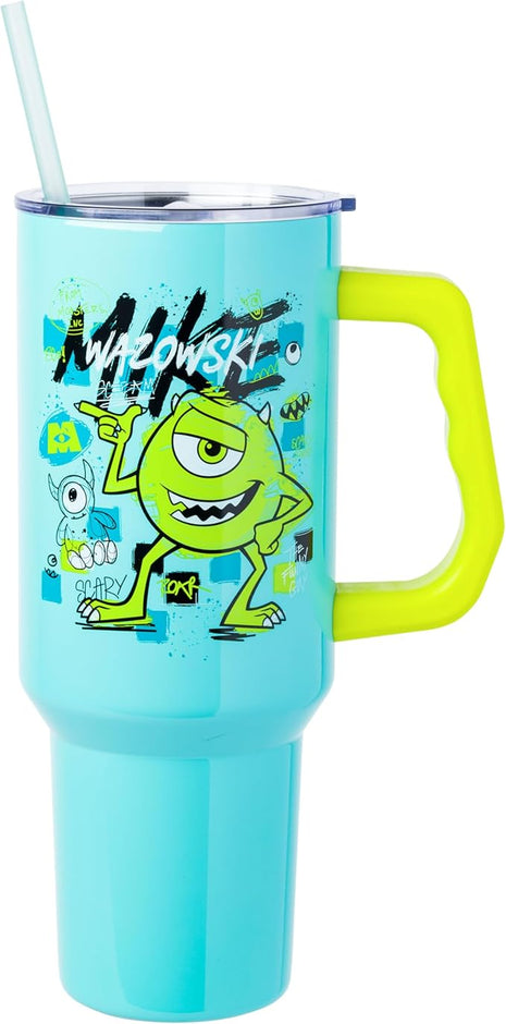 Silver Buffalo Disney Pixar Monsters Inc. Stainless Steel Tumbler with Handle Featuring Mike Wazowski, Fits in Standard Cup Holder, 40 Ounces