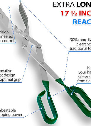 Shark BBQ Grill Tongs - 17 inch (Green). Professional steak grilling utensil. Long-reach Barbeque Tong. Ideal for steak, fish, burger, and sausage