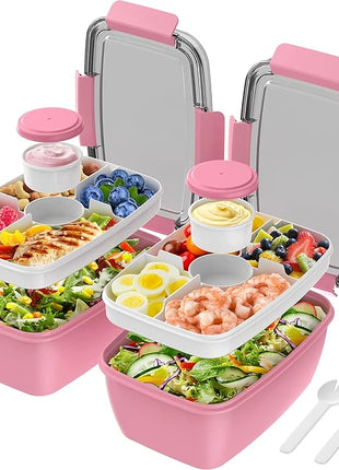 Cherrysea 2Pack Salad Lunch Container, 68oz Salad Bowls with 4 Compartments Tray,Leak Proof Lunch Box with Fork for Men,Women BPA-Free Snack Container with Sauce Container for Dressings-Pink