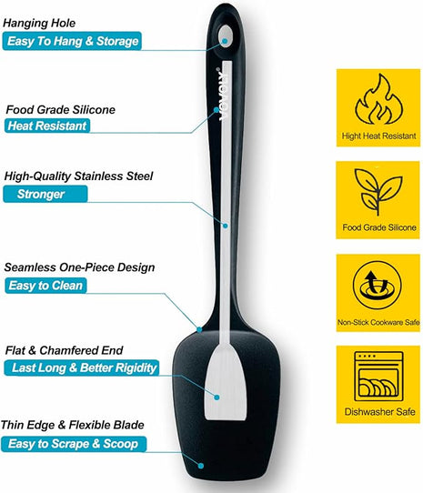 Silicone Spatula Set, High Heat Resistan Rubber Spoon Spatula, Non-Stick Spoonula with Seamless One Piece Design, Flexible Scrapers Baking Mixing Tool,3 Pack, Black