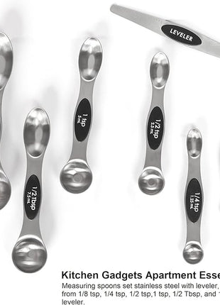 Magnetic Measuring Spoons Set Stainless Steel with Leveler, Stackable Metal Tablespoon Measure Spoon for Baking, Cups and Spoon Set Kitchen Gadgets Apartment Essentials Fits in Spice Jars