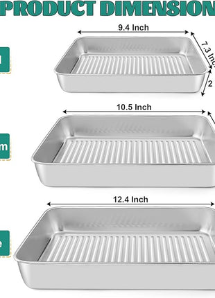Baking Pans Set of 3, E-far Stainless Steel Sheet Cake Pan for Oven - 12.5/10.5/9.4Inch, Rectangle Textured Pan Tray Set for Lasagna Brownie Casserole Cookie, Non-toxic & Healthy, Dishwasher Safe