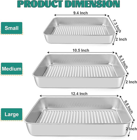Baking Pans Set of 3, E-far Stainless Steel Sheet Cake Pan for Oven - 12.5/10.5/9.4Inch, Rectangle Textured Pan Tray Set for Lasagna Brownie Casserole Cookie, Non-toxic & Healthy, Dishwasher Safe