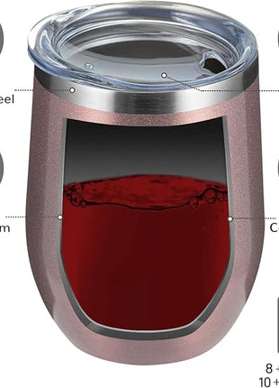 MEWAY 12oz/8 Pack Wine Tumbler Glasses with Lid - Stemless Double Wall Vacuum Stainless Steel Travel Tumbler - Keeping Cold & Hot for Wine,Coffee,Cocktails,Drinks (Rose gold,Set of 8)