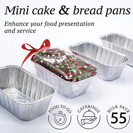 Spare Essentials (55 Pack) 1LB Mini Foil Loaf Pans - 1 Pound Disposable Aluminum Baking Pans for Individual Bread, Cake, Meatloaf - Small Loaf Pans with Liners, Small Bread Tins 6 x 3.5 x 2