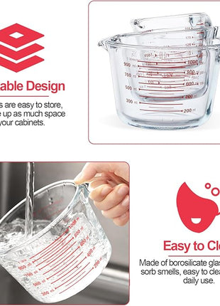 M MCIRCO 6 Pcs Glass Measuring Cups with Lids Set, 1-Cup, 2-Cup, 4-Cup Measuring Jugs with Handle, Nesting Liquid Measuring Cups for Kitchen