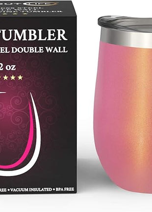 CHILLOUT LIFE 12 oz Stainless Steel Tumbler with Lid & Gift Box - Wine Tumbler Double Wall Vacuum Insulated Travel Tumbler Cup for Coffee, Wine, Cocktails, Ice Cream - PINK SPARKLE
