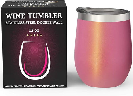 CHILLOUT LIFE 12 oz Stainless Steel Tumbler with Lid & Gift Box - Wine Tumbler Double Wall Vacuum Insulated Travel Tumbler Cup for Coffee, Wine, Cocktails, Ice Cream - PINK SPARKLE
