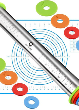 Rolling Pin and Pastry Baking Mat Set, Rolling Pins with Adjustable Thickness Rings, Stainless Steel Dough Roller for Baking Fondant, Pizza, Pie, Pastry, Pasta, Cookies (Blue)