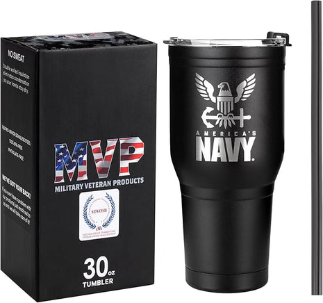 USN Stainless Steel Tumbler with Lid & Straw – Double-Wall Vacuum Insulated Travel Mug – Keeps Drinks Hot or Cold – Navy Gifts | America’s Navy 30oz