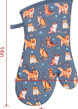 Oven Mitts Gloves 1 Pair Heat Resistant 480 ℉ Non Slip Clear Silicone Printed Cat Comfortable Cotton Lining Kitchen Men Cooking Barbecue Machine Washable (Cat, Blue Mitts)