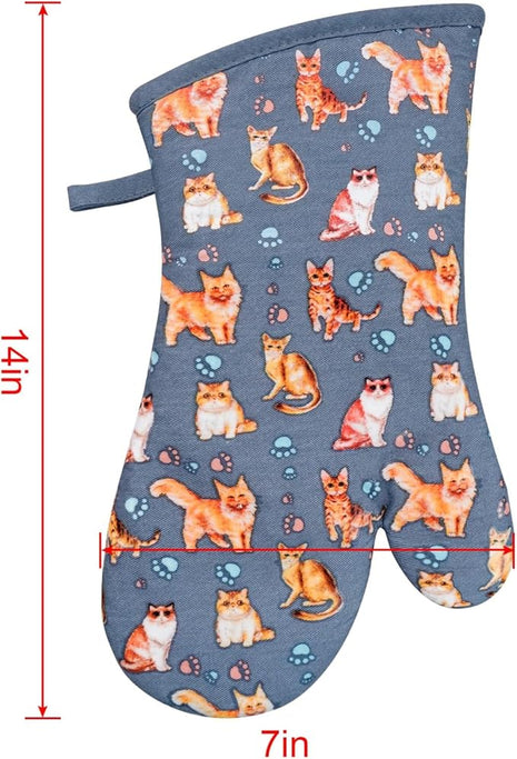 Oven Mitts Gloves 1 Pair Heat Resistant 480 ℉ Non Slip Clear Silicone Printed Cat Comfortable Cotton Lining Kitchen Men Cooking Barbecue Machine Washable (Cat, Blue Mitts)
