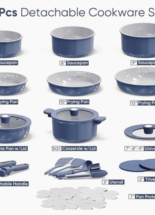 CAROTE 27pcs Ceramic Cookware Set Nonstick, Pots and Pans Set Non stick, Non Toxic Cookware, Dishwasher/Oven Safe, RV/Camping Cookware Set, Pan and Pot with Kitchen Utensils, Navy Blue