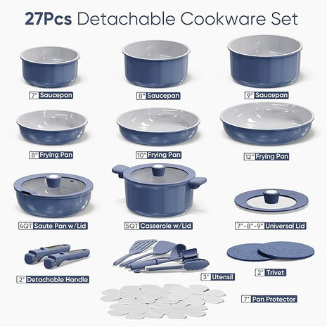 CAROTE 27pcs Ceramic Cookware Set Nonstick, Pots and Pans Set Non stick, Non Toxic Cookware, Dishwasher/Oven Safe, RV/Camping Cookware Set, Pan and Pot with Kitchen Utensils, Navy Blue