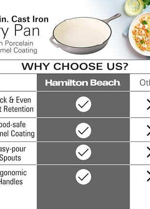 Hamilton Beach Enameled Cast Iron Fry Pan 12-Inch Gray, Cream Enamel coating, Skillet Pan For Stove top and Oven, Even Heat Distribution, Safe Up to 400 Degrees, Durable