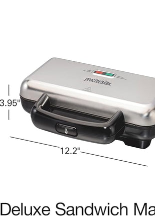 Proctor Silex Deluxe Hot Sandwich Maker With Easy-Clean Durable PFAS-Free Nonstick Ceramic Plates, Fits up to 2 Grilled Cheese, Ruebens, Tortas or Subs, Stainless Steel (25415MN)