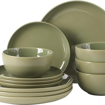 Gibson Home Rockaway 12 Piece Plates and Bowls Matte Outside/Shiny Inside Glaze Service for 4 Dinnerware Set - Green - Dishwasher and Microwave Safe