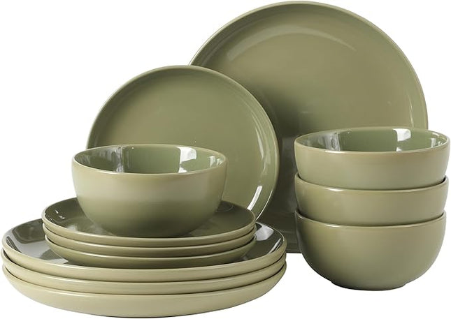 Gibson Home Rockaway 12 Piece Plates and Bowls Matte Outside/Shiny Inside Glaze Service for 4 Dinnerware Set - Green - Dishwasher and Microwave Safe