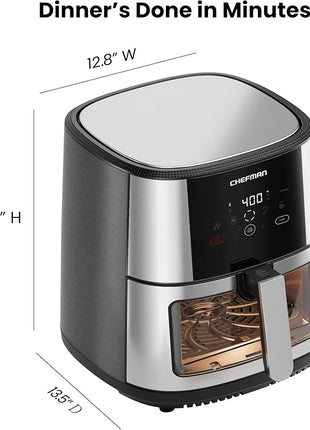 CHEFMAN Easy-View Air Fryer – 8 Qt Family Size with Viewing Window, One-Touch Digital Control with 4 Presets, Nonstick & Dishwasher Safe, Broil, Roast, Dehydrate, Bake, Auto-Shutoff, Stainless Steel