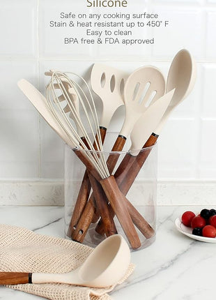 Country Kitchen Non Stick Silicone Utensil Set with Rounded Wood Handles for Cooking and Baking, 8 Piece Set, Khaki