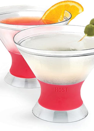 HOST Freeze Insulated Martini Cooling Cups, Plastic Freezer Gel Chiller Double Wall Stemless Cocktail Glass Bright Pink 9oz Set of 2