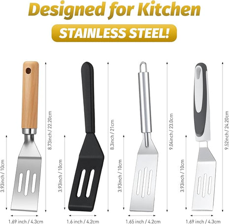 CHENGU 4 Pcs Mini Brownies Serving Spatula Stainless Steel Nonstick Serve Turner Cookie Slotted Spatula for Kitchen Cutting and Serving Desserts Small Frying Pan Cookie(3 Styles,4 Styles)
